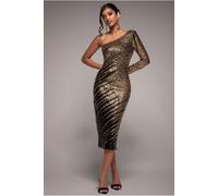 Goddiva One Sleeve Diagonal Sequin Midi - Gold by Goddiva - Gold - 8