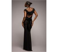 Goddiva Open Back Cowl Neck Gathered Maxi Dress With Velvet Tie Back - Black by Goddiva - Black - 14