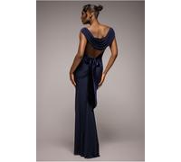 Goddiva Open Back Cowl Neck Gathered Maxi Dress With Velvet Tie Back - Navy Blue by Goddiva - Navy Blue - 16