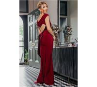 Goddiva Open Back Cowl Neck Gathered Maxi Dress With Velvet Tie Back - Wine by Goddiva - Wine - 10