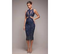 Goddiva Patterned Sequin Cut Out Midi Dress In Navy Navy