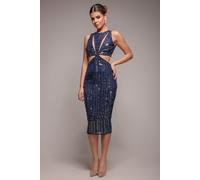Goddiva Patterned Sequin Cut Out Midi Dress - Navy by Goddiva - Navy - 8