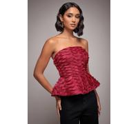 Goddiva Peplum 3D Textured Boob Tube Lace Up Corset In Burgundy Burgundy 14