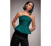 Goddiva Peplum 3D Textured Boob Tube Lace Up Corset In Emerald Emerald 16
