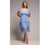 Goddiva Plain Lurex Chiffon Tiered Dress - Light Blue by Goddiva - Light Blue - 14