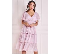 Goddiva Plain Lurex Chiffon Tiered Dress - Pink by Goddiva - Pink - 14