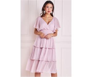 Goddiva Plain Lurex Chiffon Tiered Dress - Pink by Goddiva - Pink - 14