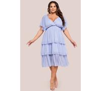 Goddiva Plain Lurex Chiffon Tiered Midi Dress In Light Blue Light Blue 24