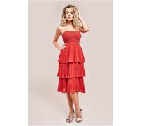 Goddiva Pleated Bandeau Bodice Chiffon Tiered Midi - Orange by Goddiva - Burnt Orange - 16