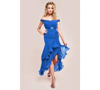 Goddiva Pleated Bardot High Low Tier Chiffon Midaxi Dress In Cobalt Cobalt 10