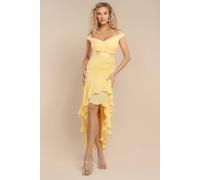 Goddiva Pleated Bardot High Low Tier Chiffon Midaxi Dress In Lemon Lemon 8