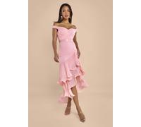 Goddiva Pleated Bardot High Low Tier Chiffon Midaxi Dress In Light Pink Light Pink 12