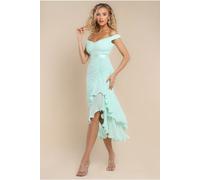Goddiva Pleated Bardot High Low Tier Chiffon Midaxi Dress - Mint Green by Goddiva - Mint - 18