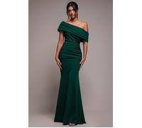 Goddiva Pleated One Shoulder Bardot Fit And Flare Maxi Dress - Emerald Green by Goddiva - Emerald Green - 14