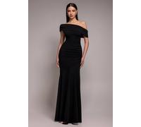 Goddiva Pleated One Shoulder Bardot Fit And Flare Maxi Dress In Black Black