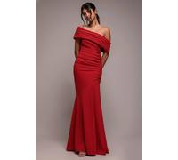 Goddiva Pleated One Shoulder Bardot Fit And Flare Maxi Dress In Red Red 10