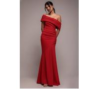 Goddiva Pleated One Shoulder Bardot Fit And Flare Maxi Dress - Red by Goddiva - Red - 10