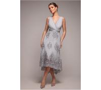 Goddiva Pleated Satin Bodice High And Low Dress - Grey by Goddiva - Grey - 12
