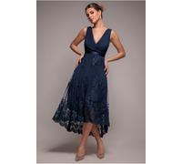 Goddiva Pleated Satin Bodice High And Low Dress - Navy by Goddiva - Navy - 6