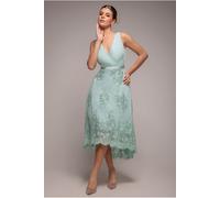 Goddiva Pleated Satin Bodice High And Low Dress - Sage Green by Goddiva - Sage Green - 10