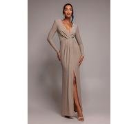 Goddiva Plunge Neck Wrap Front Split Lurex Maxi Dress - Nude by Goddiva - Nude - 10