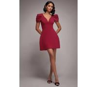 Goddiva Plunging Neck Pleated Sleeve Scuba Mini Dress In Burgundy Burgundy 10