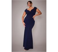 Goddiva Plus Bardot Pleated Maxi Dress - Navy Blue by Goddiva Plus - Navy - 18