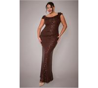 Goddiva Plus Cap Sleeve Iridescent Sequin Cowl Maxi Dress - Brown by Goddiva Plus - Brown - 18