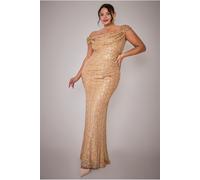 Goddiva Plus Cap Sleeve Iridescent Sequin Cowl Maxi Dress - Gold by Goddiva Plus - Gold - 26