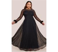 Goddiva Plus Dobby Mesh Feather Sleeve Hem Maxi Dress - Black by Goddiva Plus - Black - 18