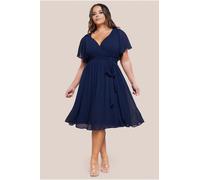 Goddiva Plus Flutter Sleeve Wrap Midi Dress - Navy Blue by Goddiva Plus - Navy - 26