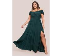 Goddiva Plus Gathered Bardot Bodice Front Split Maxi Dress - Emerald Green by Goddiva Plus - Botanical Green - 26