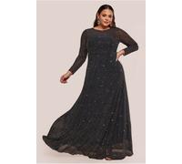 Goddiva Plus Hotfix Diamante Mesh A-Line Long Sleeve Maxi Dress - Black by Goddiva Plus - Black - 22