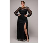 Goddiva Plus Lace Long Sleeve Shirred Waist Maxi Dress - Black by Goddiva Plus - Black - 22