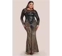 Goddiva Plus Long Sleeve Aztec Sequin Maxi Dress - Gold by Goddiva Plus - Gold - 18