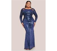Goddiva Plus Long Sleeve Aztec Sequin Maxi Dress - Navy by Goddiva Plus - Navy - 24