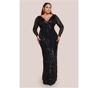 Goddiva Plus Long Sleeve Sequin V Wrap Maxi Dress - Black by Goddiva Plus - Black - 26