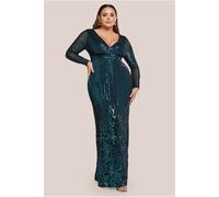 Goddiva Plus Long Sleeve Sequin V Wrap Maxi Dress - Emerald Green by Goddiva Plus - Emerald - 22
