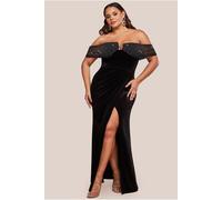 Goddiva Plus Off Shoulder Hotfix Diamante Wing Velvet Maxi Dress - Black by Goddiva Plus - Black - 22