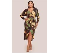 Goddiva Plus Printed Batwing Wrap Midi Dress - Brown by Goddiva Plus - Brown - 26