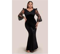 Goddiva Plus Scalloped Lace & Velvet Maxi Dress - Black by Goddiva Plus - Black - 26
