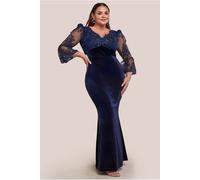 Goddiva Plus Scalloped Lace & Velvet Maxi Dress - Navy by Goddiva Plus - Navy - 24