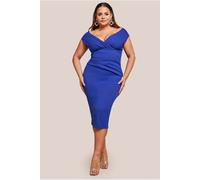 Goddiva Plus Scuba Bardot Pleated Midi Dress - Royalblue by Goddiva Plus - Royal Blue - 26