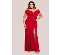 Goddiva Plus Scuba Crepe Off Shoulder Front Split Maxi Dress - Red by Goddiva Plus - Red - 26