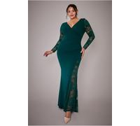 Goddiva Plus Scuba & Lace Wrap Maxi Dress - Emerald by Goddiva Plus - Emerald - 22