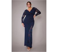 Goddiva Plus Scuba & Lace Wrap Maxi Dress - Navy Blue by Goddiva Plus - Navy Blue - 18