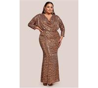 Goddiva Plus Sequin Cowl Maxi Dress - Bronze by Goddiva Plus - Bronze - 20