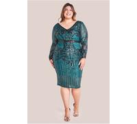 Goddiva Plus Sequin Mesh V Neck Midi Dress - Emerald by Goddiva Plus - Emerald - 24