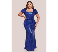 Goddiva Plus Sequin Portrait Neckline Maxi Dress - Royal Blue by Goddiva Plus - Royal Blue - 20