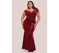 Goddiva Plus Sequin & Velvet Bardot Maxi Dress In Wine Wine 18